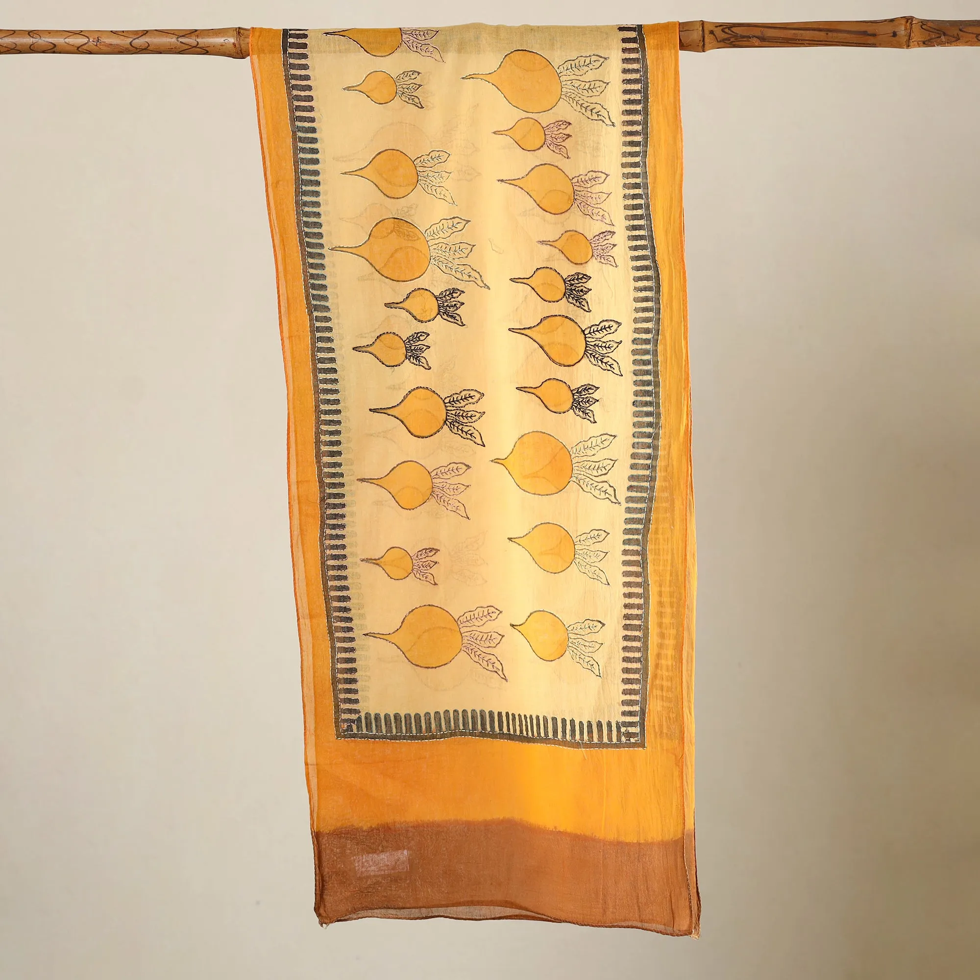 Orange - Bengal Kantha Hand Embroidery Silk Block Print Handloom Stole 19