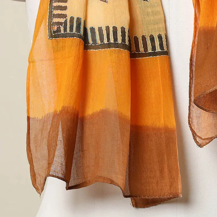 Orange - Bengal Kantha Hand Embroidery Silk Block Print Handloom Stole 19