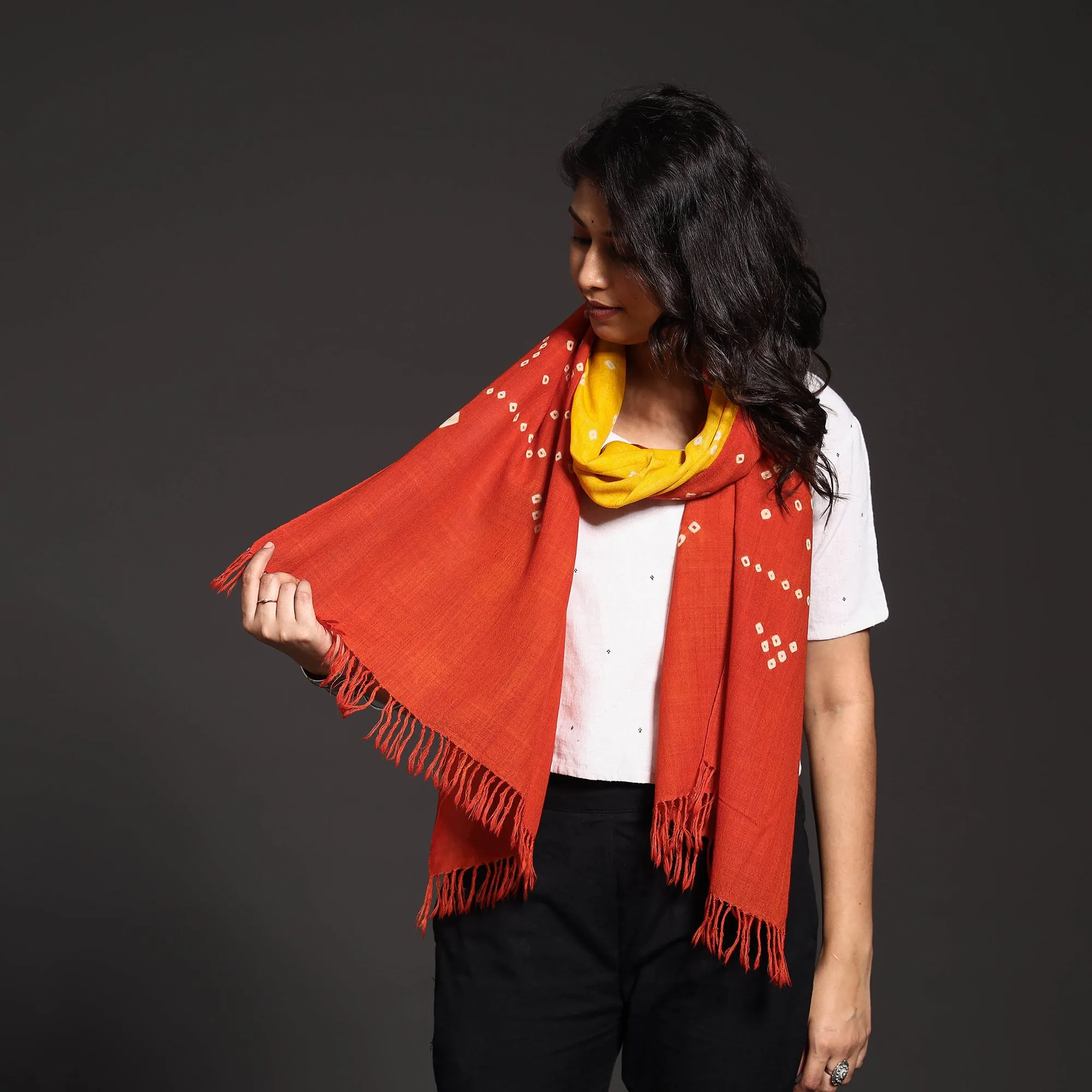 Orange - Kutch Handwoven Bandhani Bagida Pure Merino Wool Stole