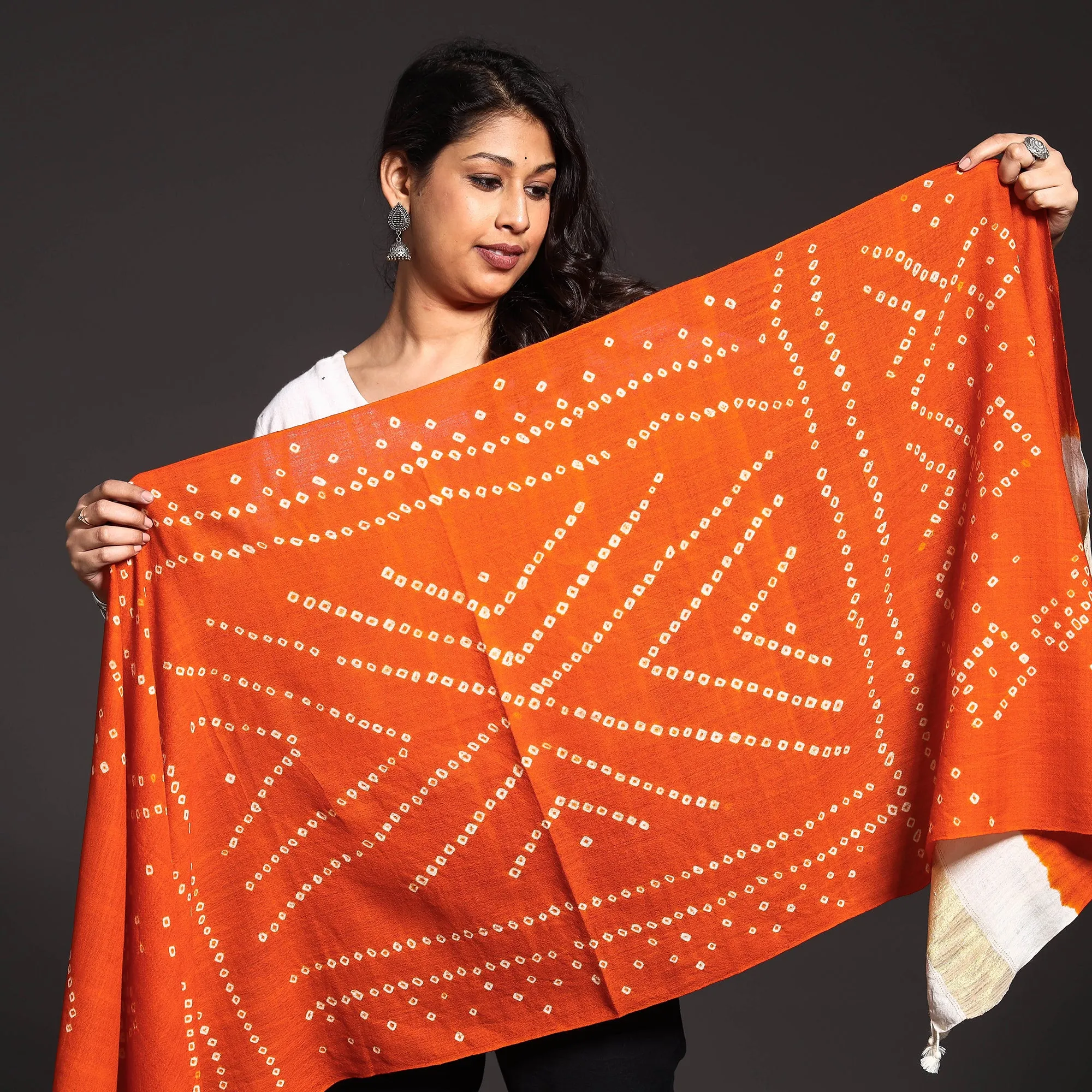 Orange - Kutch Handwoven Bandhani Tie-dye Pure Merino Wool Stole with Zari Border