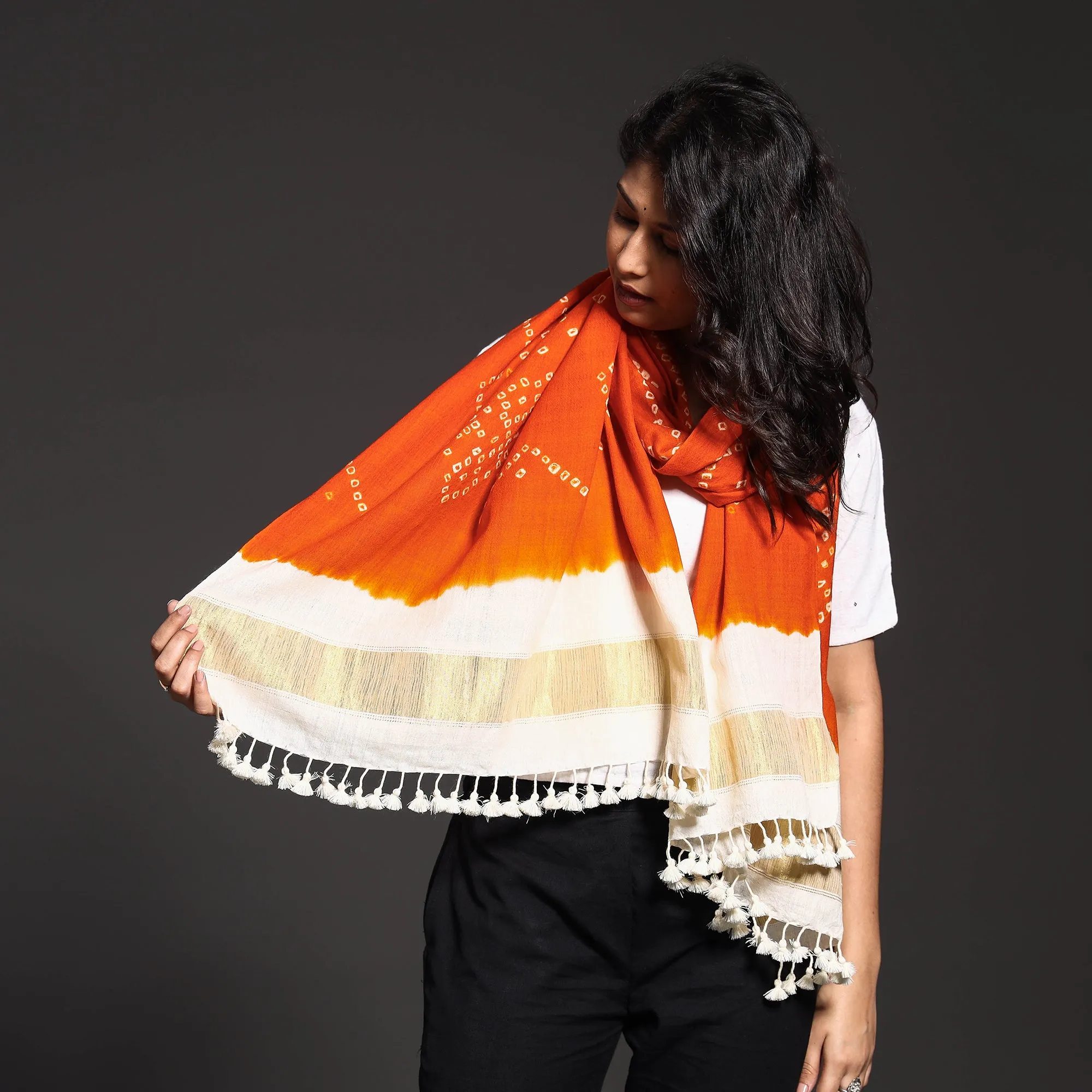 Orange - Kutch Handwoven Bandhani Tie-dye Pure Merino Wool Stole with Zari Border