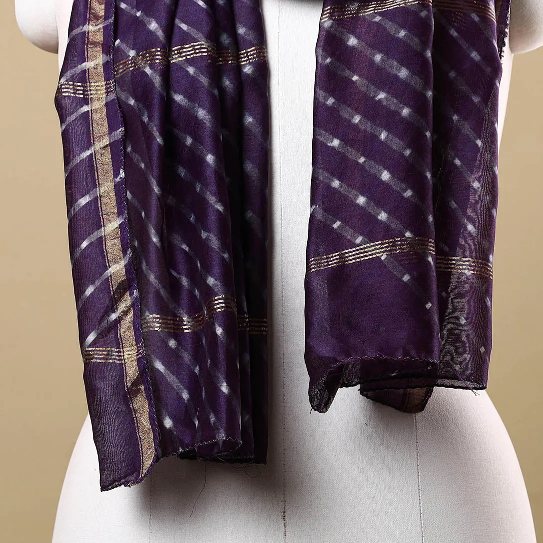 Purple - Leheriya Tie-Dye Mothra Chanderi Silk Handloom Stole with Zari Border 22