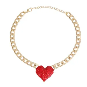 Red Rhinestone Station Heart Necklace Gold Plated