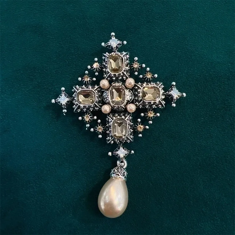 Retro Pin Cross Alloy Plating Inlay Rhinestones Pearl Women'S Brooches