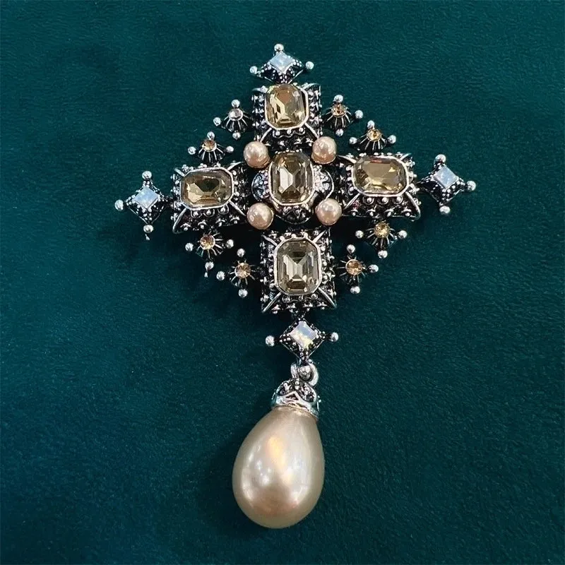 Retro Pin Cross Alloy Plating Inlay Rhinestones Pearl Women'S Brooches