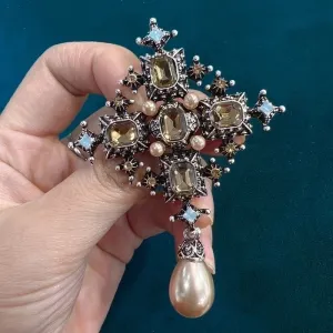 Retro Pin Cross Alloy Plating Inlay Rhinestones Pearl Women'S Brooches