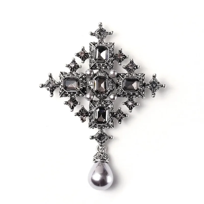 Retro Pin Cross Alloy Plating Inlay Rhinestones Pearl Women'S Brooches