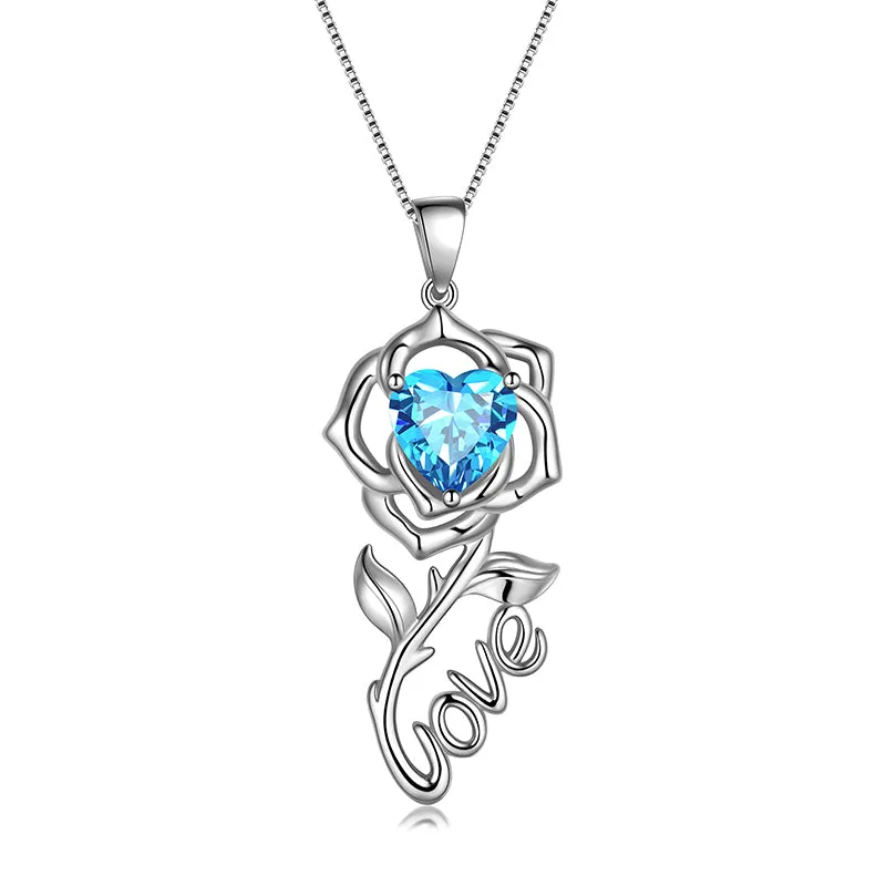 Rose Love Neckalce,925 Sterling Silver Birthstone Pendant Necklace Jewelry Gifts for Women