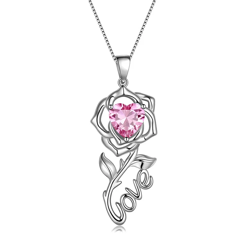 Rose Love Neckalce,925 Sterling Silver Birthstone Pendant Necklace Jewelry Gifts for Women