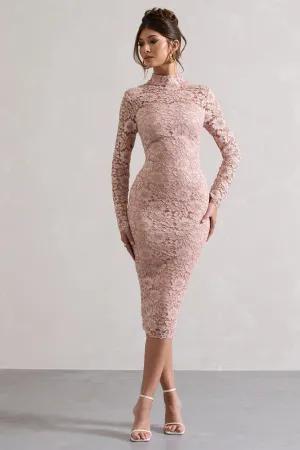 Rumour | Blush Pink Lace High-Neck Midi Dress