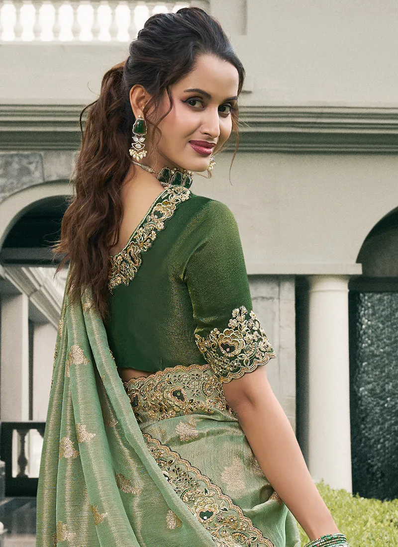 Sage Green Multi Embroidery Tissue Silk Saree