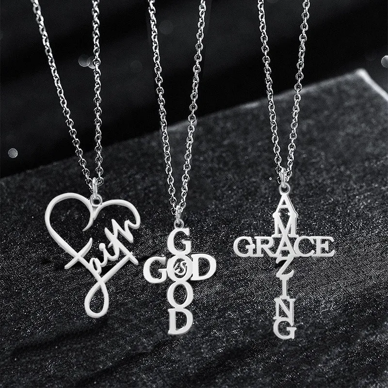 SISSLIA Fashion Stainless Steel Silver Color Chain Letter Hollow Cross Pendant Necklaces For Women