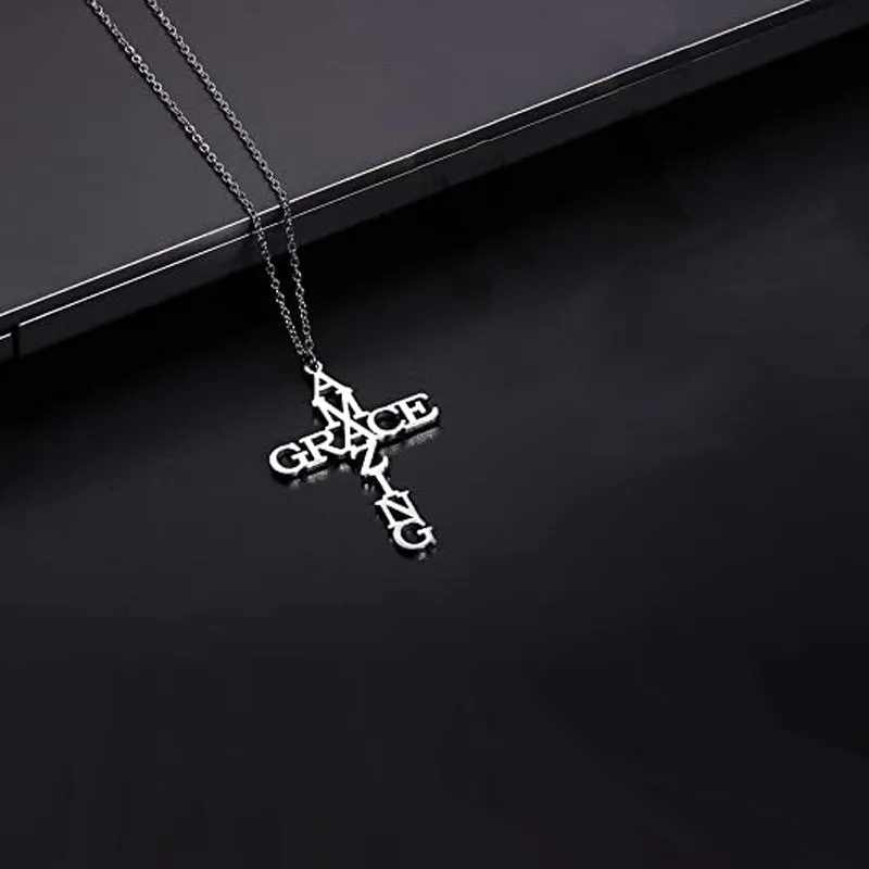 SISSLIA Fashion Stainless Steel Silver Color Chain Letter Hollow Cross Pendant Necklaces For Women