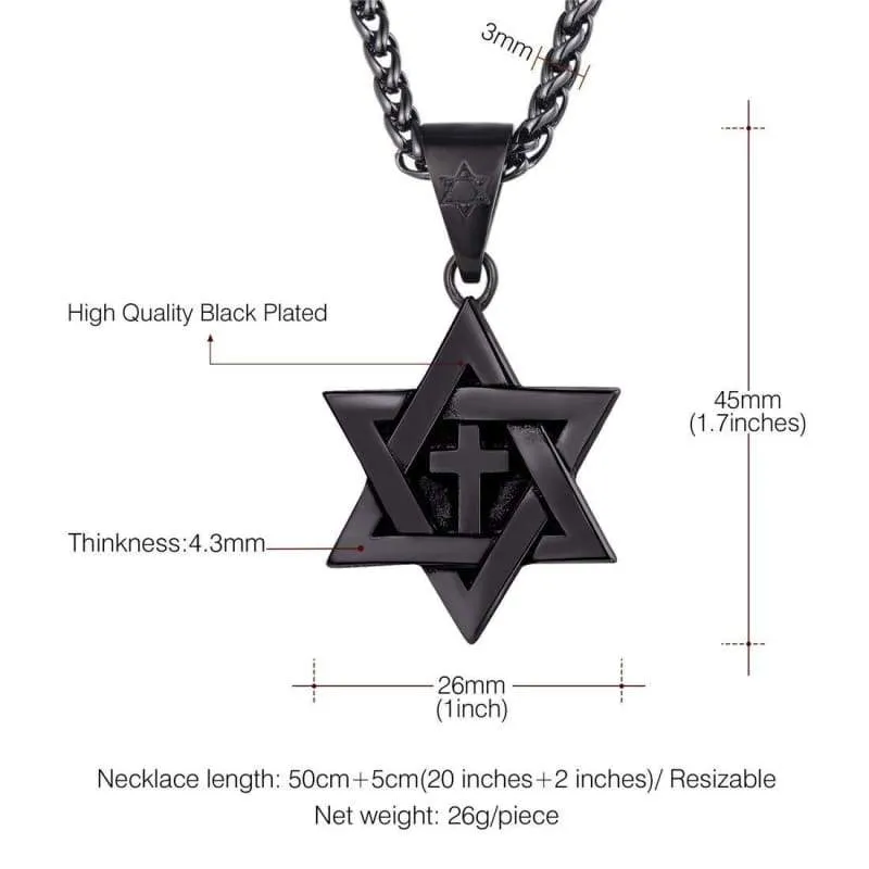 Star of David Jewelry Stainless Steel / 18K Gold Plated Six Pointed Megan Star Pendant Necklace/Brooches  3 Pattern Design Cross  Eye of Horus or Heart (Black-Metal-Plated-Stainless-Steel)