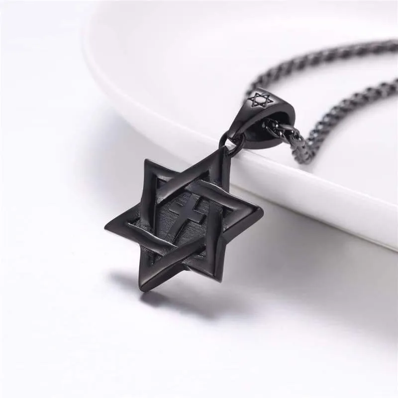 Star of David Jewelry Stainless Steel / 18K Gold Plated Six Pointed Megan Star Pendant Necklace/Brooches  3 Pattern Design Cross  Eye of Horus or Heart (Black-Metal-Plated-Stainless-Steel)