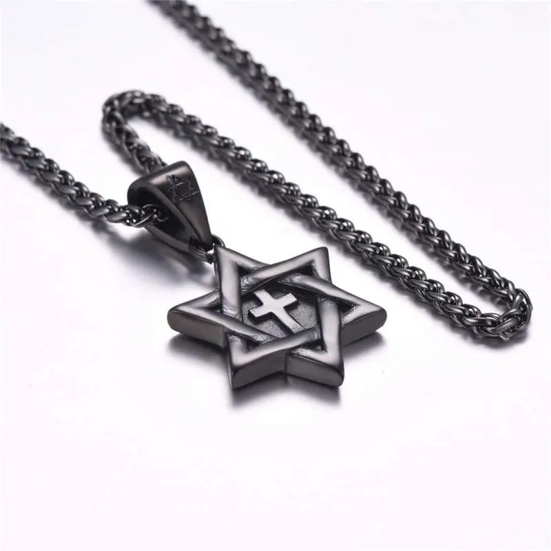 Star of David Jewelry Stainless Steel / 18K Gold Plated Six Pointed Megan Star Pendant Necklace/Brooches  3 Pattern Design Cross  Eye of Horus or Heart (Black-Metal-Plated-Stainless-Steel)