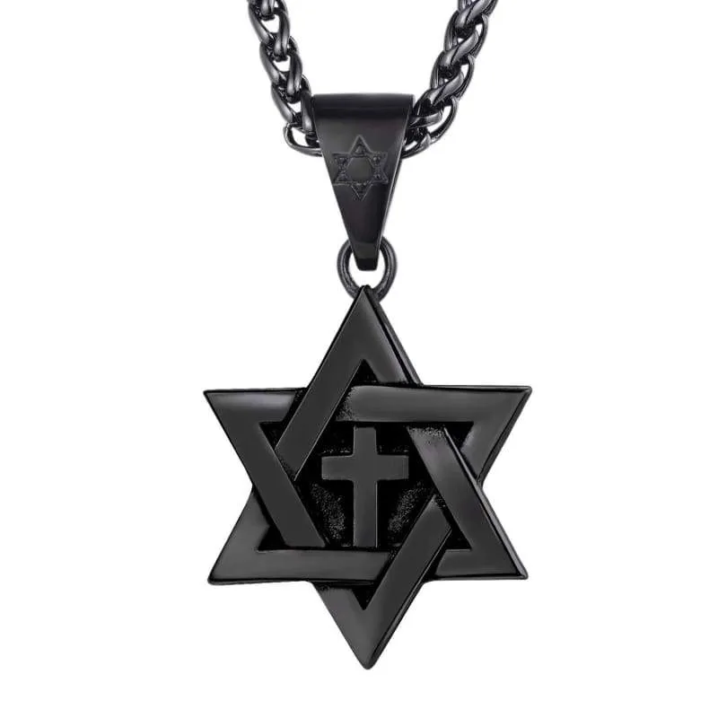 Star of David Jewelry Stainless Steel / 18K Gold Plated Six Pointed Megan Star Pendant Necklace/Brooches  3 Pattern Design Cross  Eye of Horus or Heart (Black-Metal-Plated-Stainless-Steel)