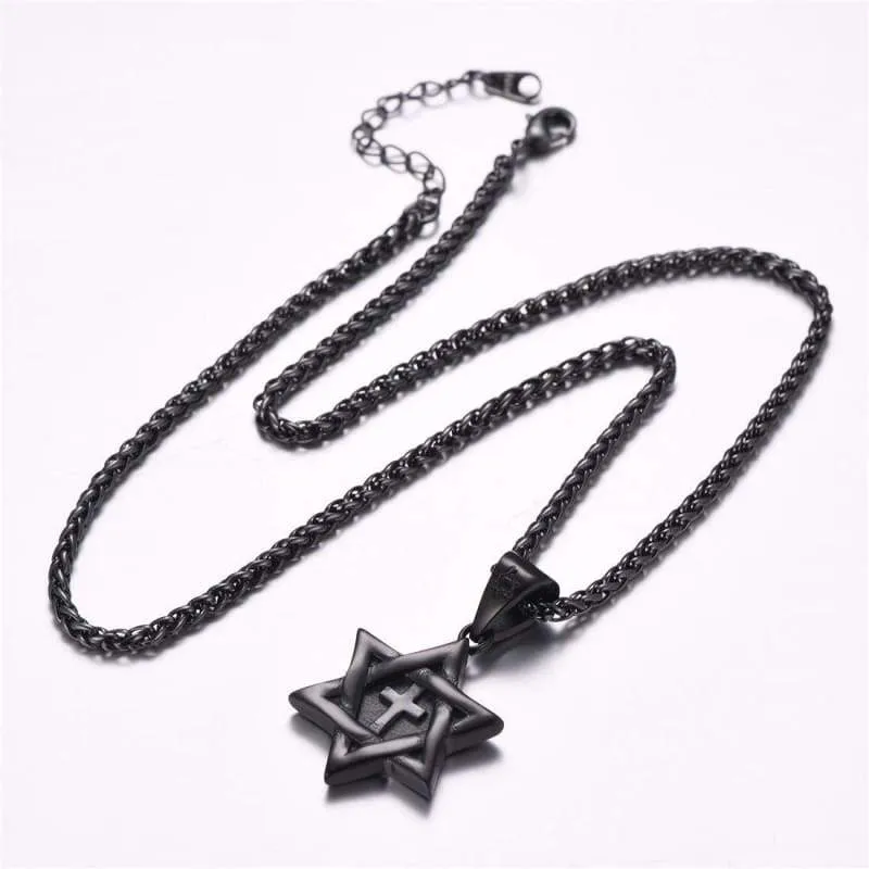 Star of David Jewelry Stainless Steel / 18K Gold Plated Six Pointed Megan Star Pendant Necklace/Brooches  3 Pattern Design Cross  Eye of Horus or Heart (Black-Metal-Plated-Stainless-Steel)