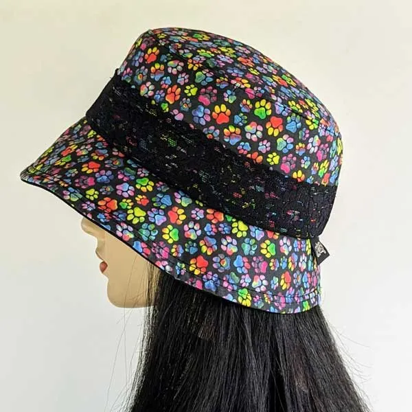 Summer Bucket Hat with lace trim, rainbow paws on black, fully lined