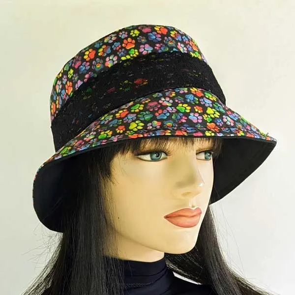 Summer Bucket Hat with lace trim, rainbow paws on black, fully lined