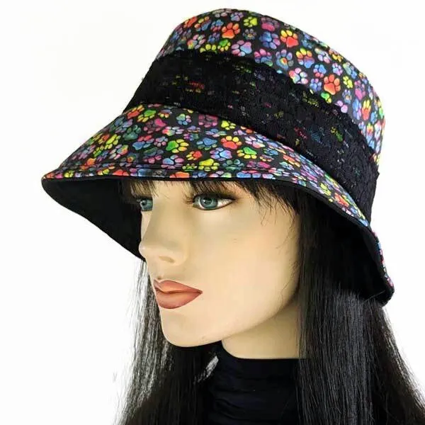 Summer Bucket Hat with lace trim, rainbow paws on black, fully lined