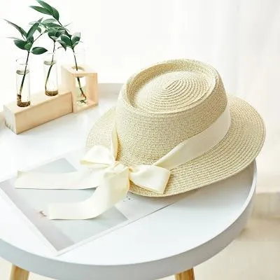 Summer Sun Hats Straw Hat Ribbon Bow Beach Hat Casual Straw Flat Top