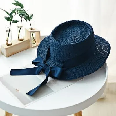 Summer Sun Hats Straw Hat Ribbon Bow Beach Hat Casual Straw Flat Top