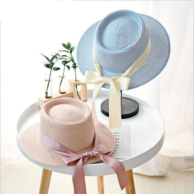 Summer Sun Hats Straw Hat Ribbon Bow Beach Hat Casual Straw Flat Top