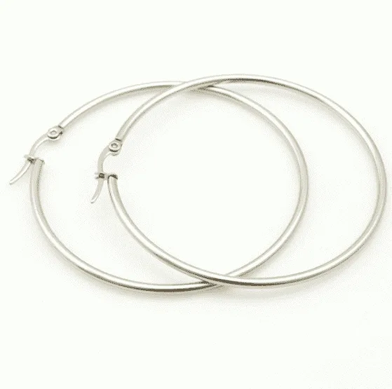 Tubular Polished Stainless Steel Classic Hoop Earrings Available in Four Sizes