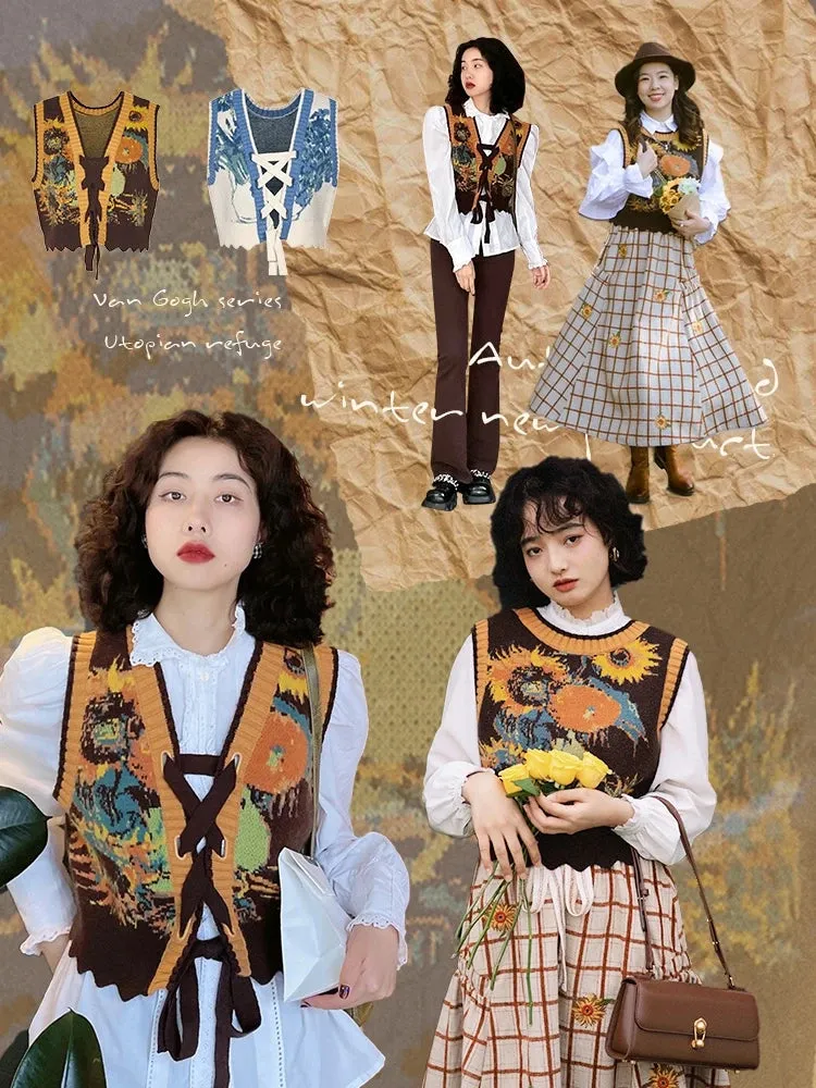 Van Gogh Sunflowers Folk Style Artist Sweater Vests Knitted Reversible Clothes