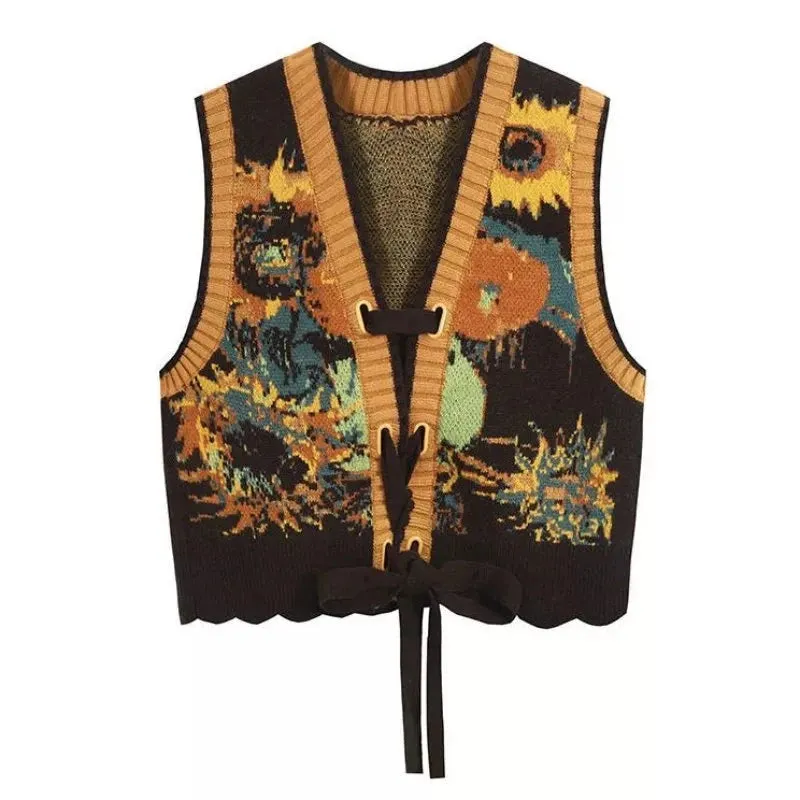 Van Gogh Sunflowers Folk Style Artist Sweater Vests Knitted Reversible Clothes