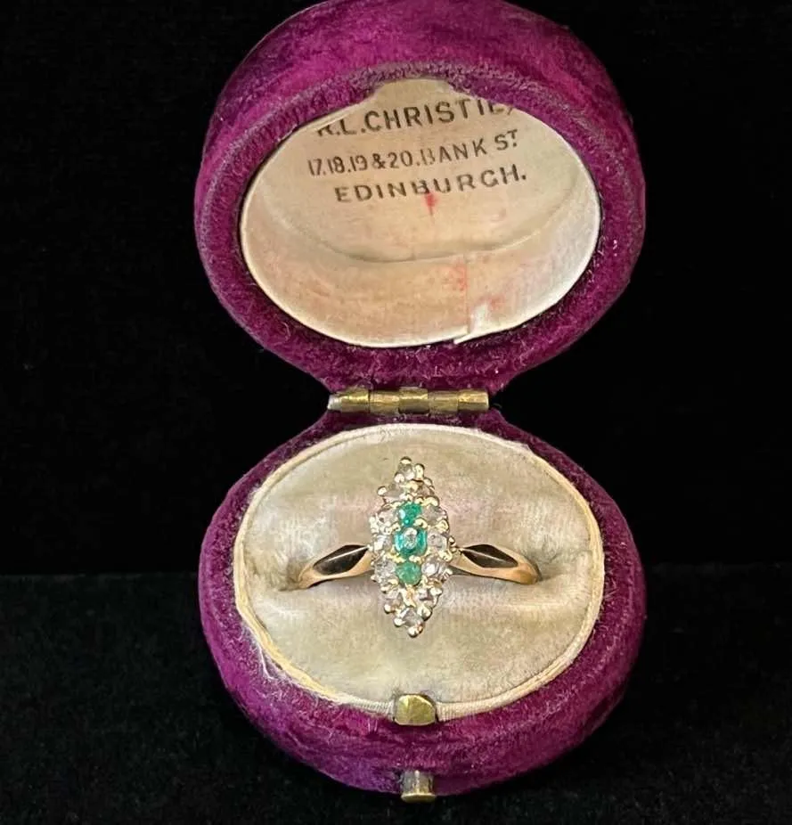 Victorian Emerald and Diamond Marquise Cluster Ring