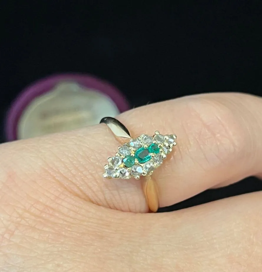 Victorian Emerald and Diamond Marquise Cluster Ring