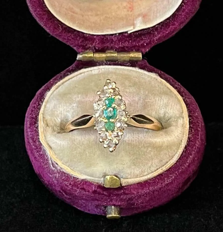 Victorian Emerald and Diamond Marquise Cluster Ring