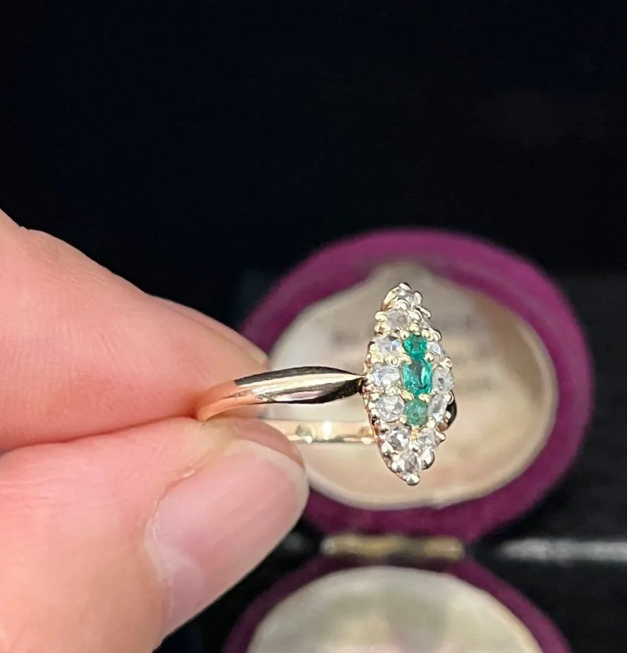 Victorian Emerald and Diamond Marquise Cluster Ring