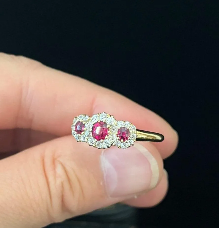 Victorian Ruby and Diamond Triple Round Cluster Ring