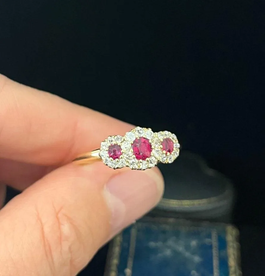 Victorian Ruby and Diamond Triple Round Cluster Ring