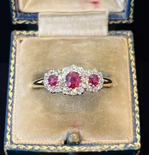 Victorian Ruby and Diamond Triple Round Cluster Ring