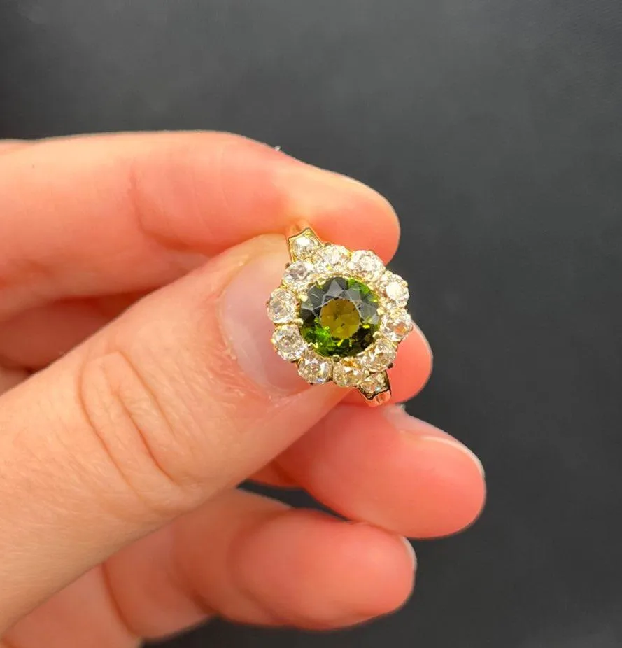 Victorian Tourmaline and Diamond Cluster Ring