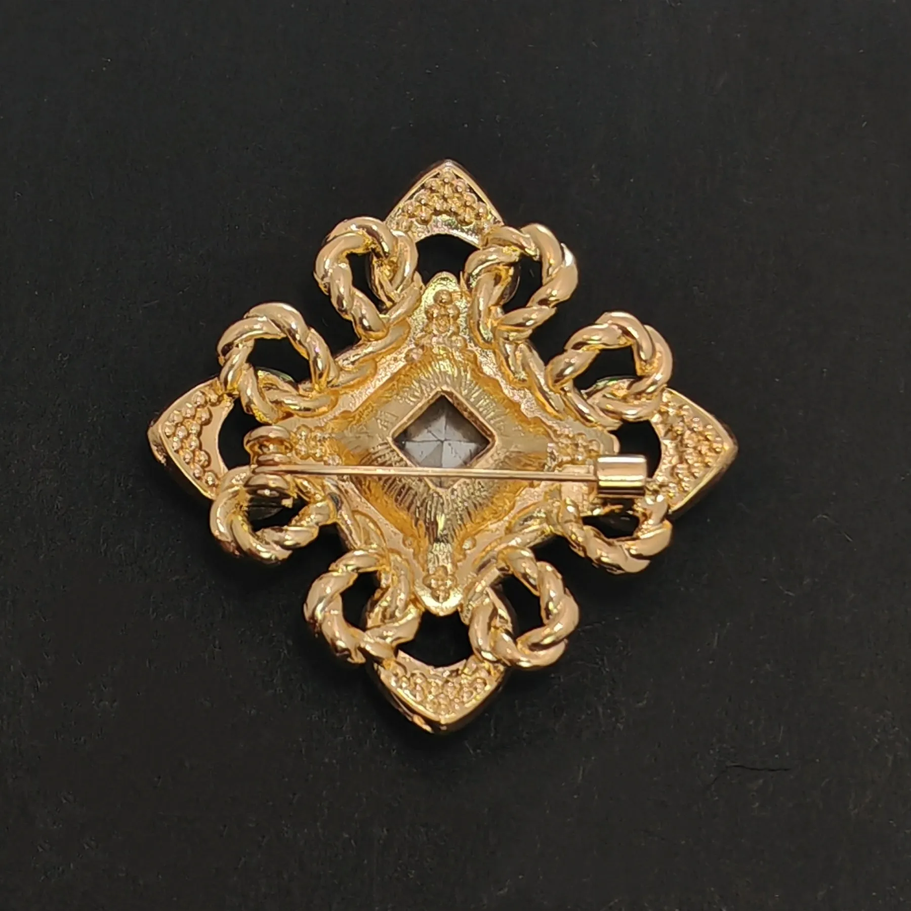 Vintage Maltese Cross Brooch Pin, Golden Rope Accent, Crystals