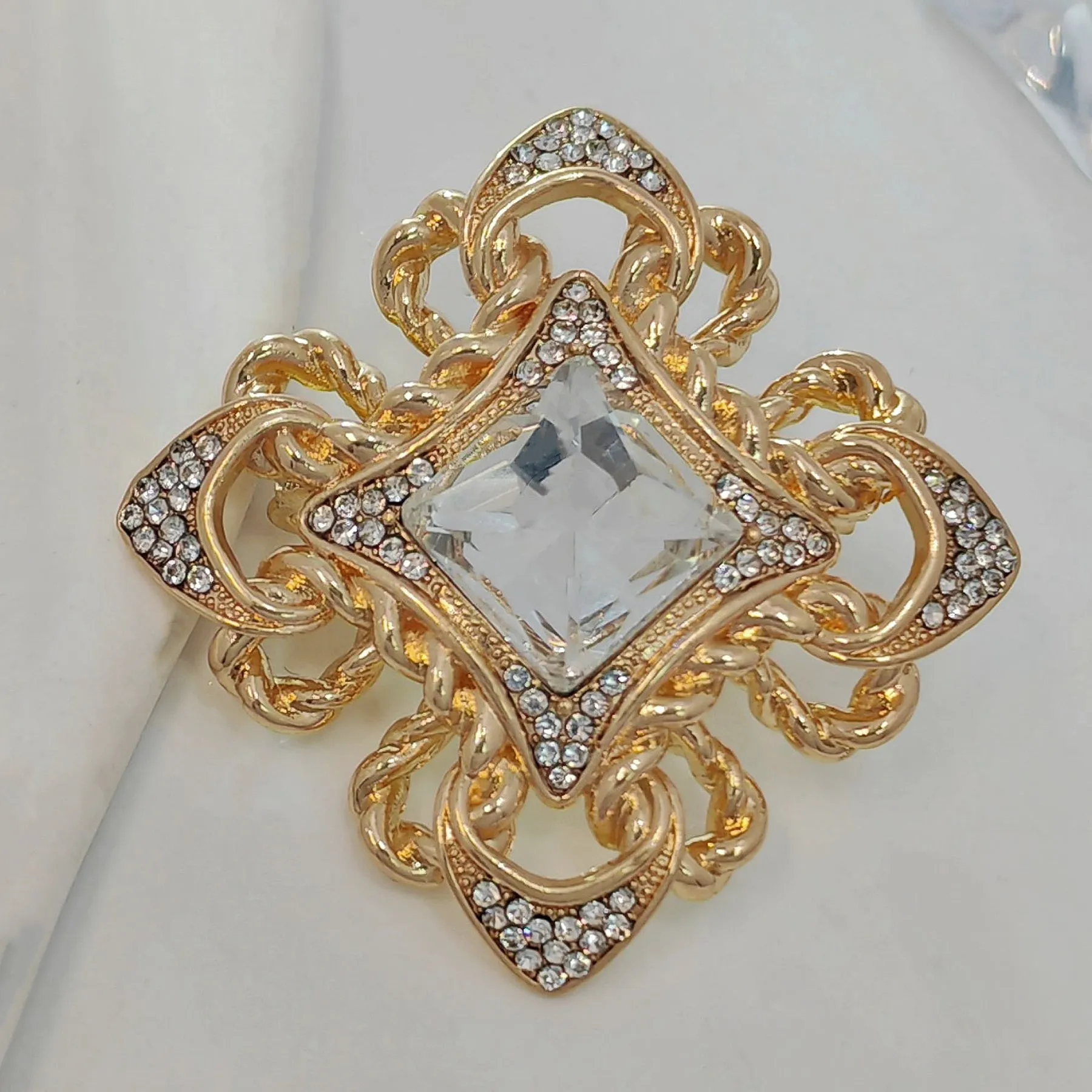 Vintage Maltese Cross Brooch Pin, Golden Rope Accent, Crystals