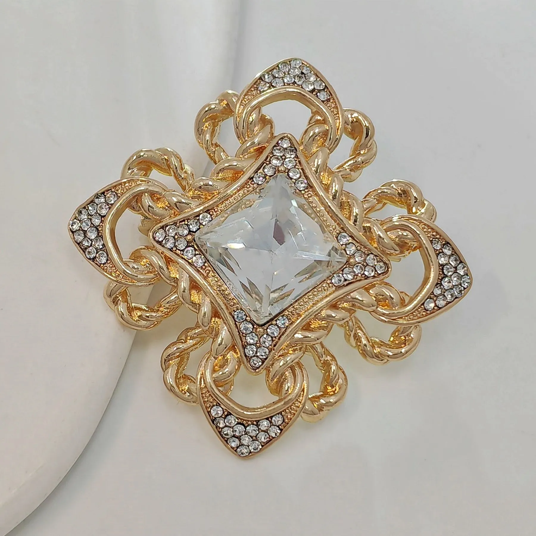 Vintage Maltese Cross Brooch Pin, Golden Rope Accent, Crystals