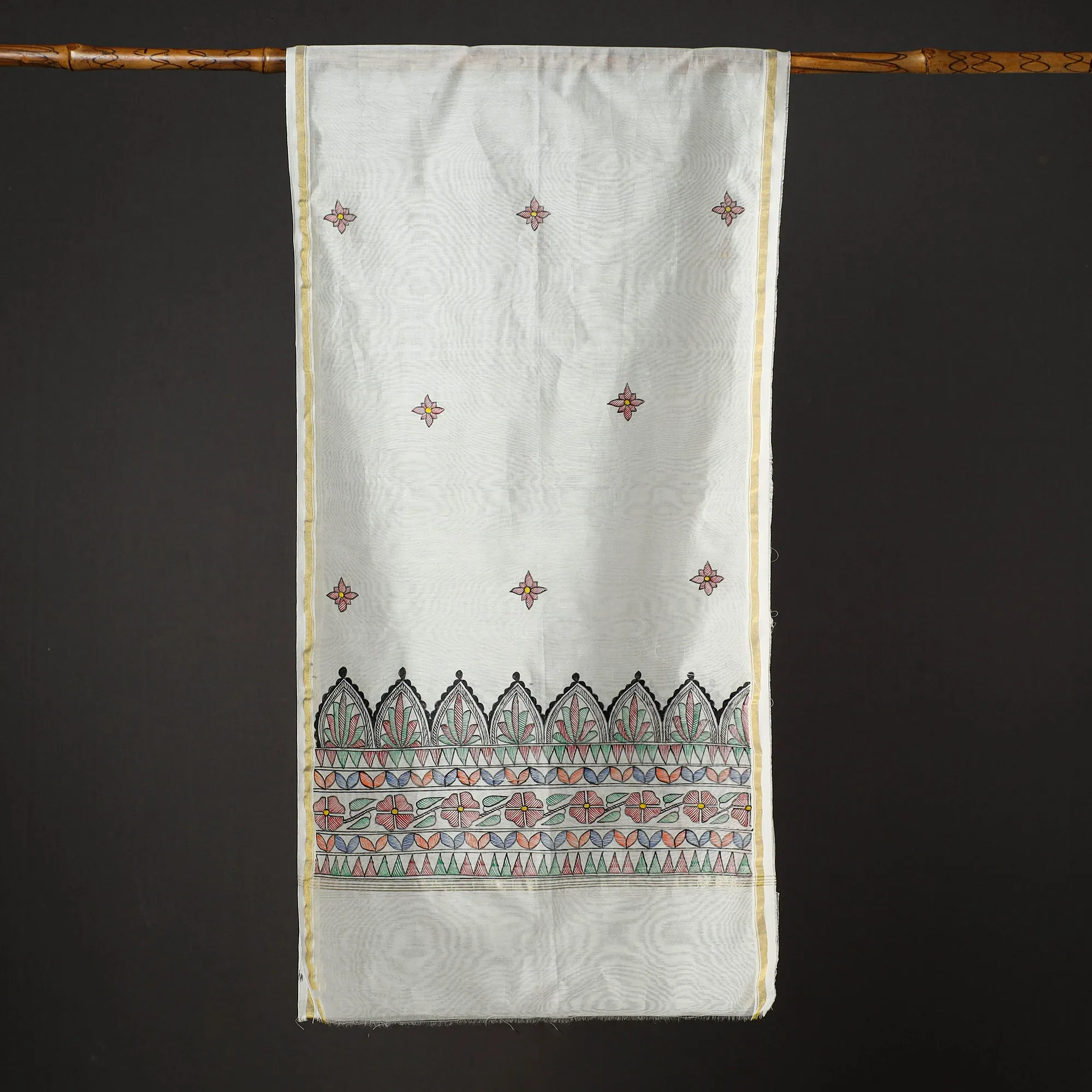 White - Madhubani Handpainted Chanderi Silk Handloom Stole 19