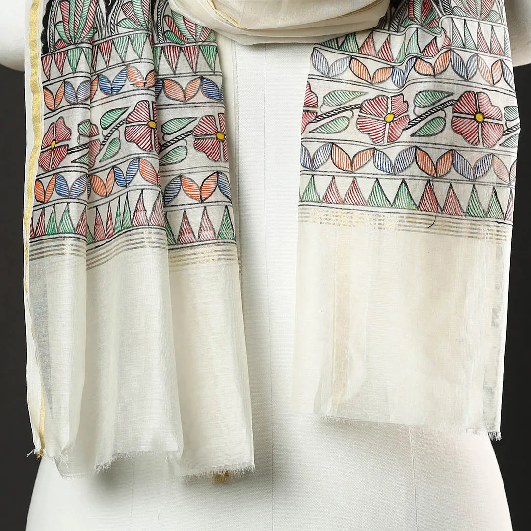 White - Madhubani Handpainted Chanderi Silk Handloom Stole 19