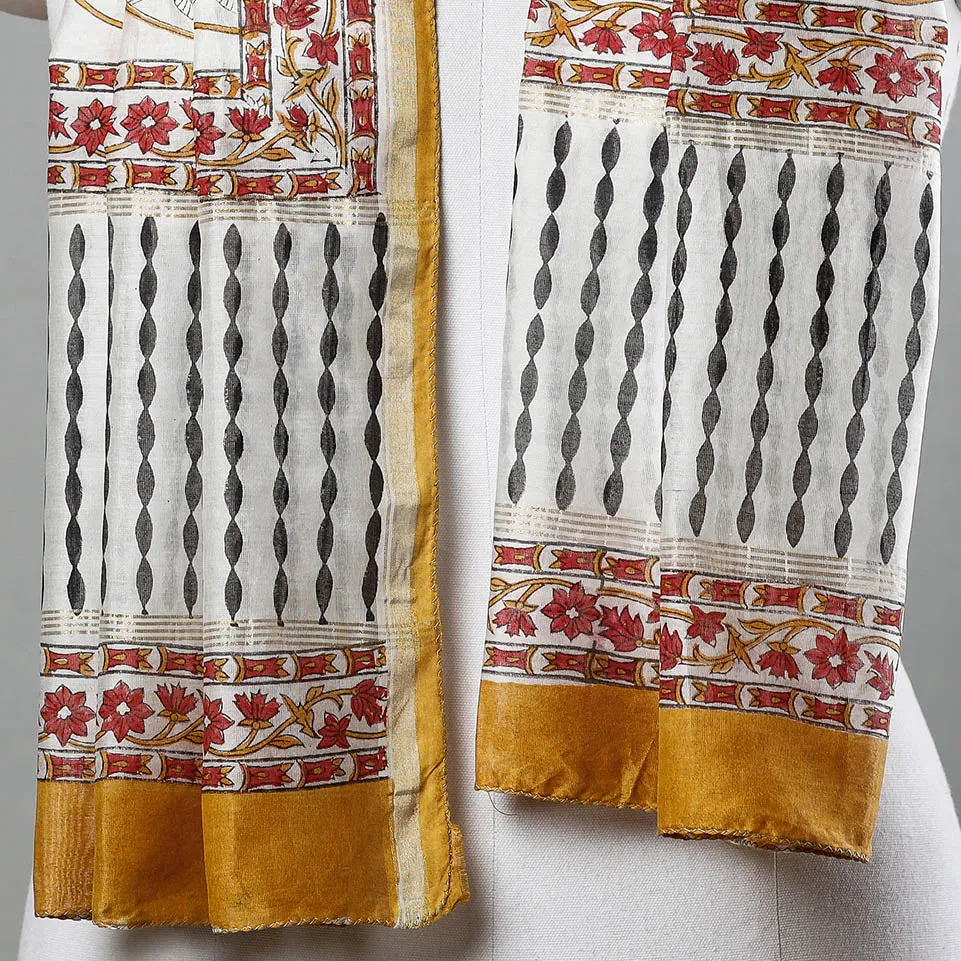 White - Sanganeri Block Printed Chanderi Silk Handloom Stole with Zari Border