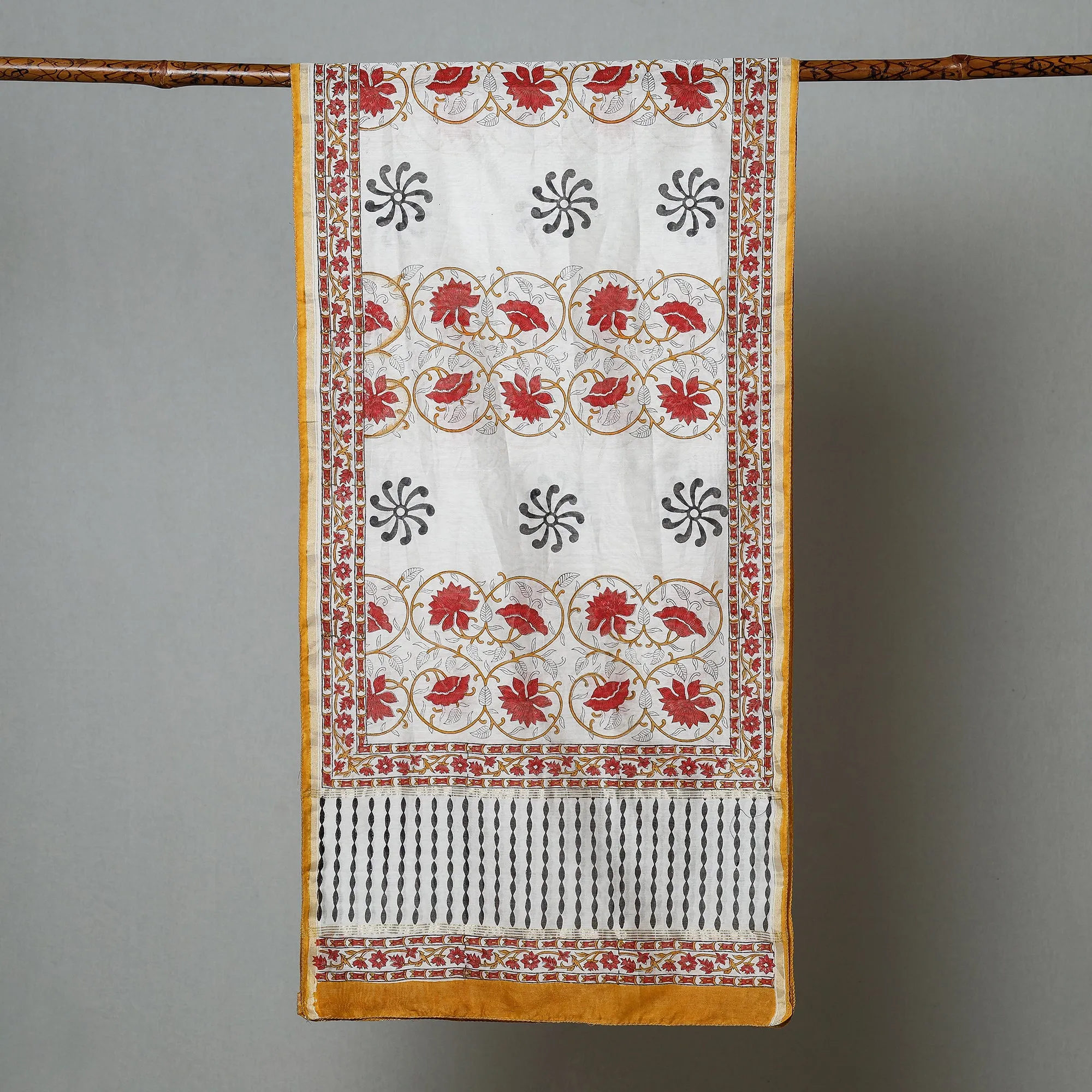 White - Sanganeri Block Printed Chanderi Silk Handloom Stole with Zari Border