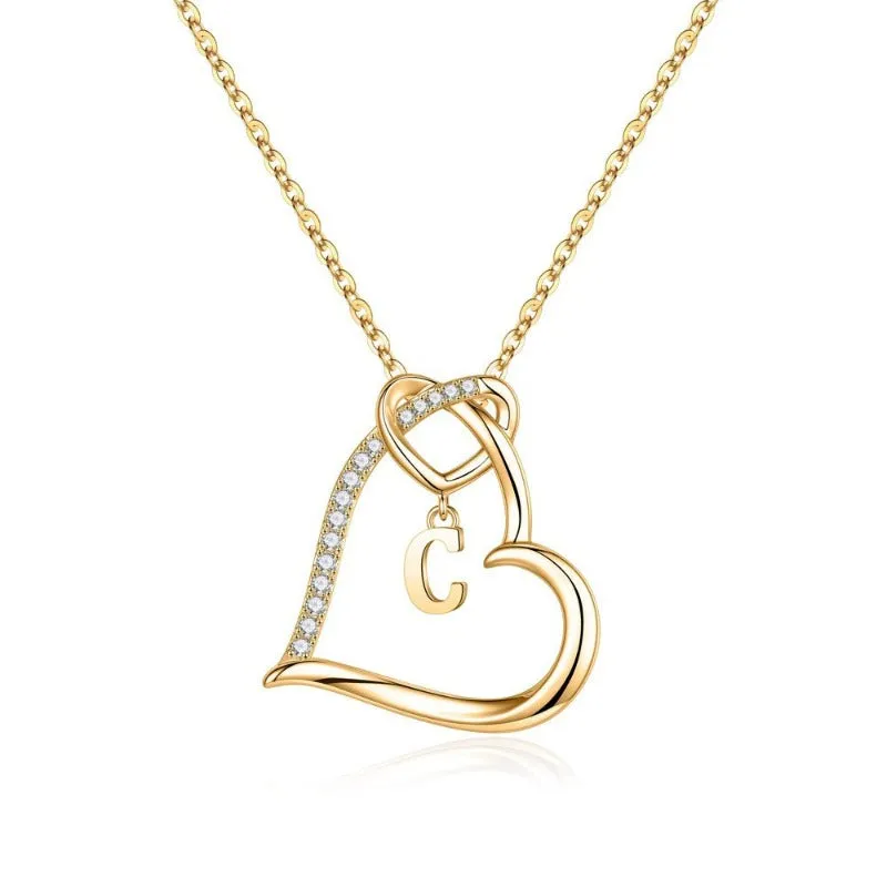 Women's 14K Gold Plated Heart Initial Necklace - Dainty Letter Initial Pendant Necklace