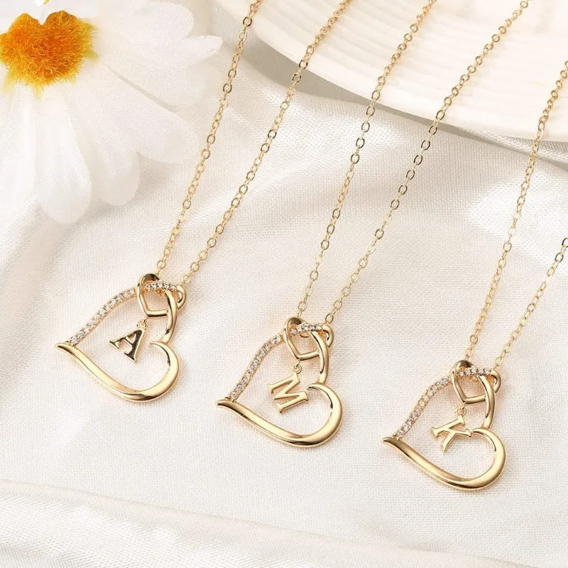 Women's 14K Gold Plated Heart Initial Necklace - Dainty Letter Initial Pendant Necklace