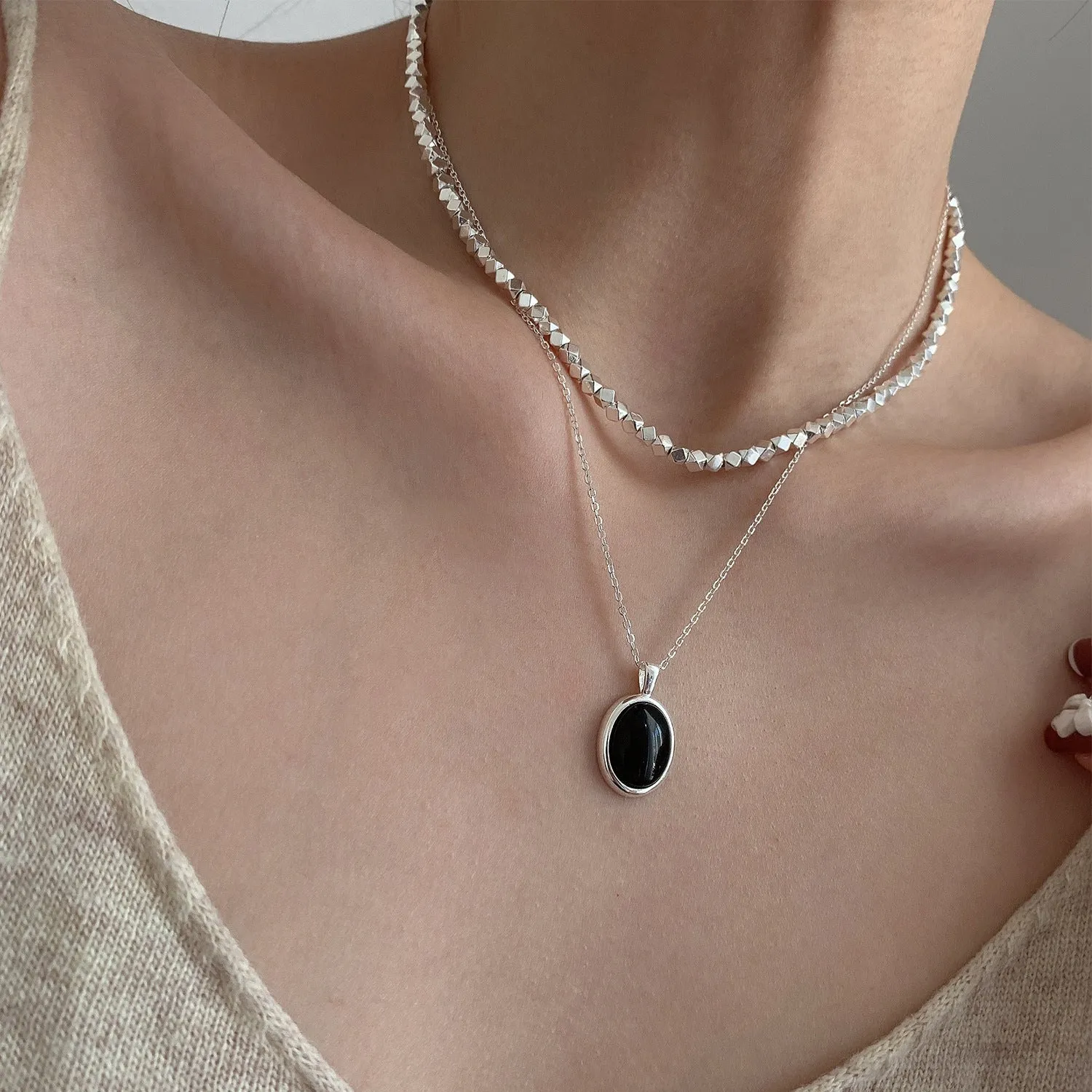 Women's Elegant Sterling Silver Black Onyx Pendant Necklace