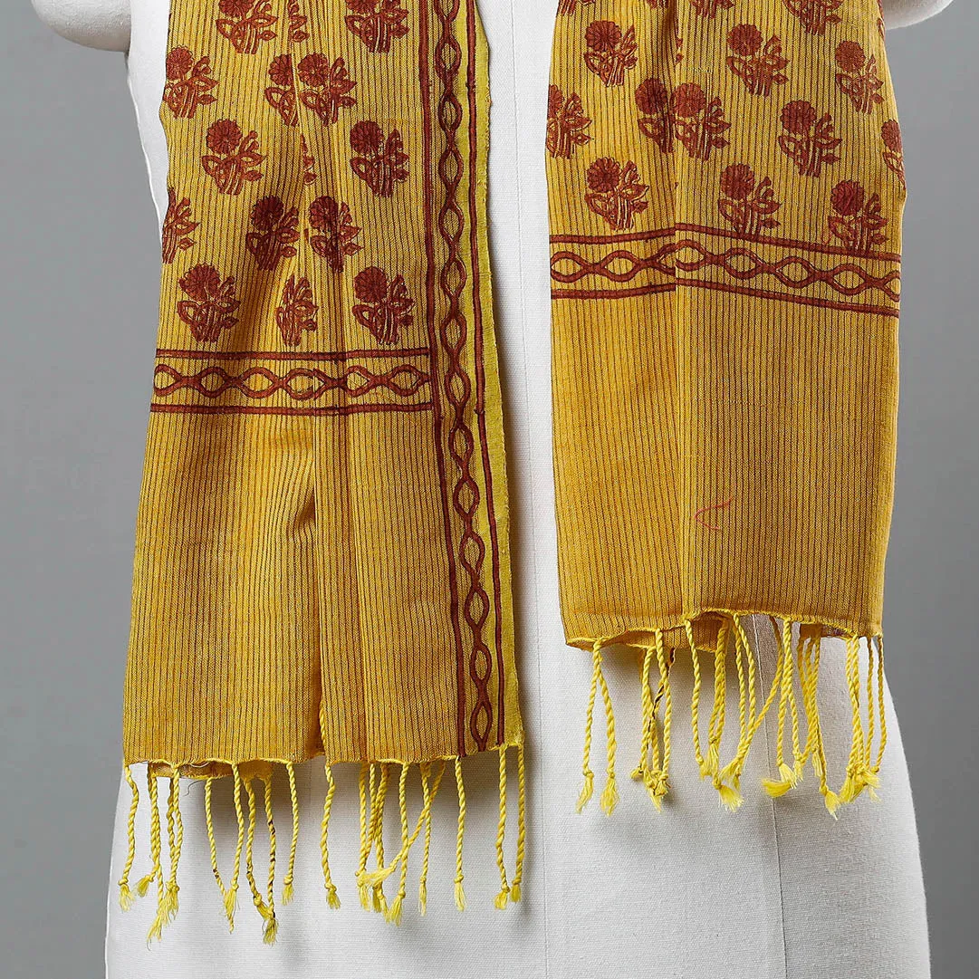 Yellow - Mangalagiri Handloom Block Printed Cotton Stole with Tassels